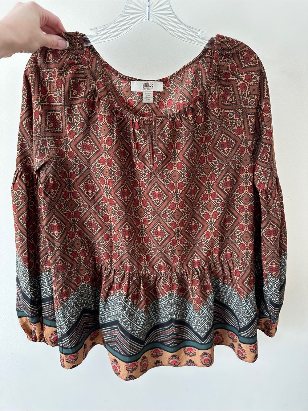 Vintage America Red Brown Patterned Peasant Tunic